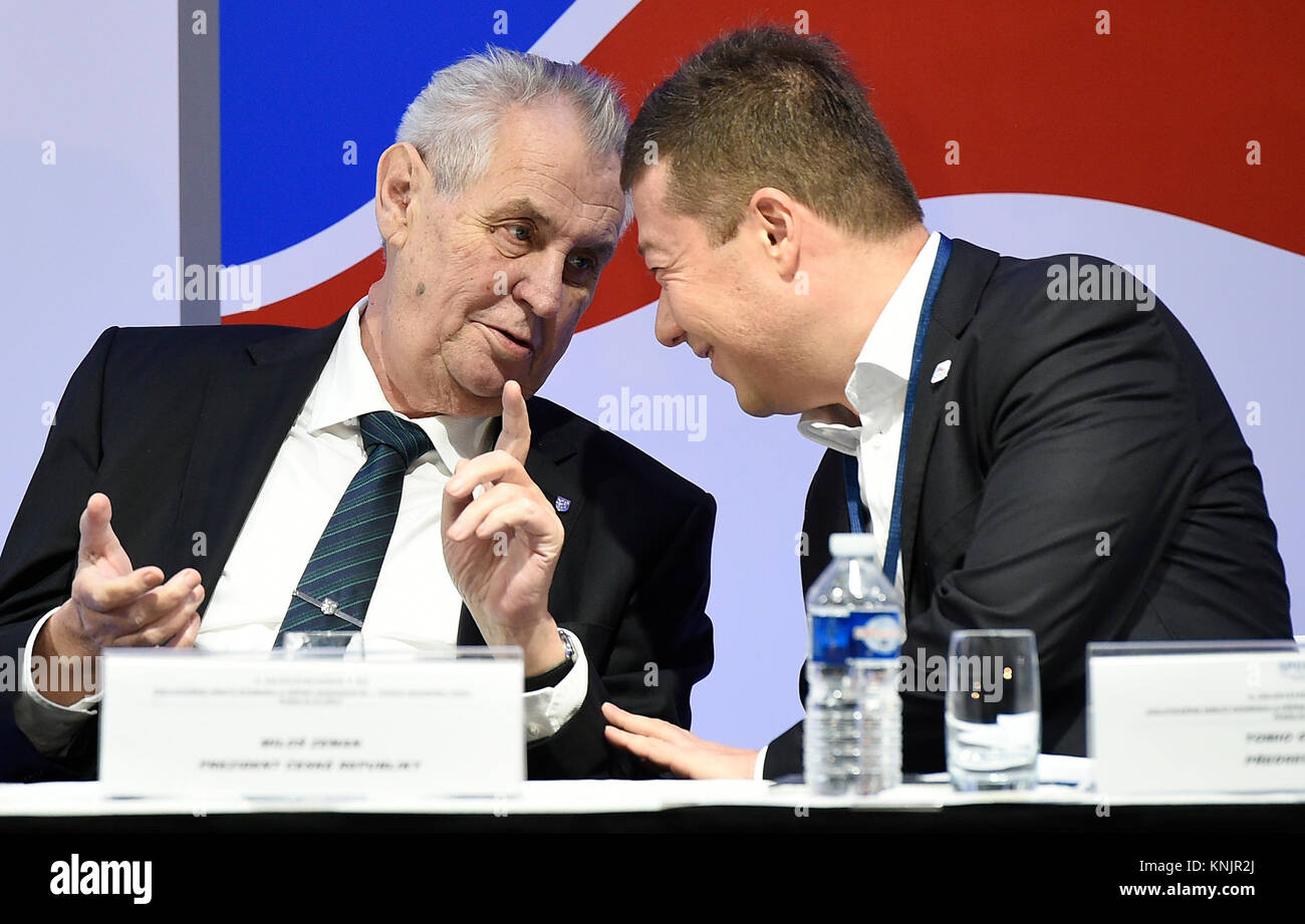 Czech President Milos Zeman (left) and Chairman of the SPD Tomio Okamura attend the 4th national conference of the anti-European populist Freedom and Direct Democracy (SPD) political party in Prague, Czech Republic, on December 9, 2017. (CTK Photo/Ondrej Deml) Stock Photo