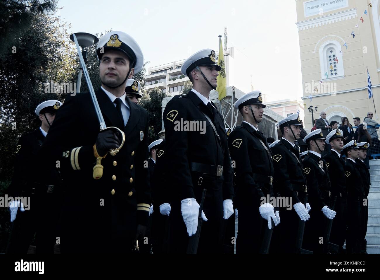 Piraeus, Greece. 12th Dec, 2017. Port Policemen seen during the celebration of memorial of Saint Spyridon.The yearly ''˜Litany of St. Spyridon' is celebrate in the port city of Piraeus to mark the role of St. Spyridon's role in the defence of Corfu island. The feast day in the east is celebrated on saturday just before ''˜Cheesefare Saturday' as well on december 12, for the eastern and the west, it fall on december 25 and december 14 with the modern Gregorian Calendar. Credit: Georgios Zachos/SOPA/ZUMA Wire/Alamy Live News Stock Photo