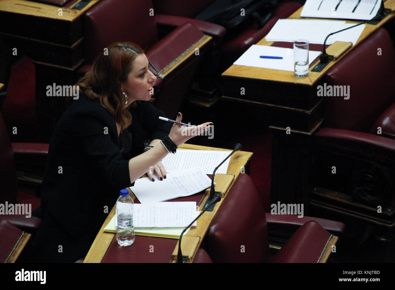 Athens, Greece. 12th Dec, 2017. Panagiota Dritseli, deputy of Syriza, representative of Trikala prefecture. First day of the State Budget Debate at the Greek Parliament. The government of Syriza and Anel present what they promote as the 'last state badget in times of memorandum'. Credit: Ioannis Mantas/Alamy Live News Stock Photo