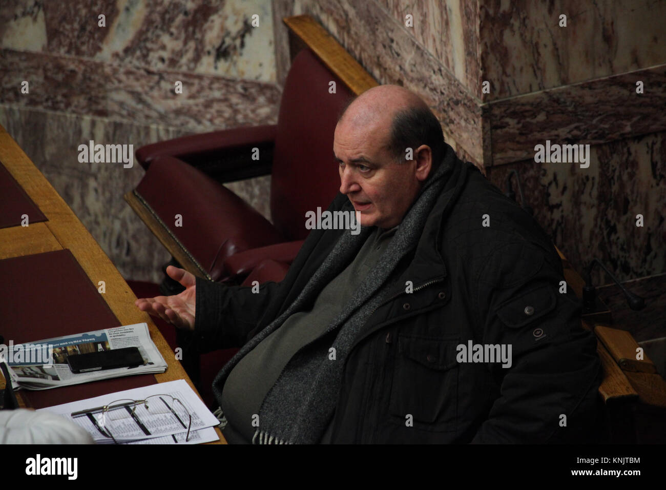 Athens, Greece. 12th Dec, 2017. Nikos Filis, deputy of Syriza and former Minister of Education. First day of the State Budget Debate at the Greek Parliament. The government of Syriza and Anel present what they promote as the 'last state badget in times of memorandum'. Credit: Ioannis Mantas/Alamy Live News Stock Photo