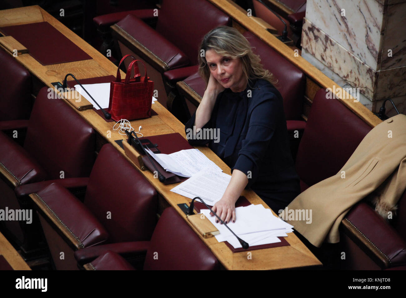 Athens, Greece. 12th Dec, 2017. First day of the State Budget Debate at the Greek Parliament. The government of Syriza and Anel present what they promote as the 'last state badget in times of memorandum'. This is the independent deputy Ekaterini (Katerina) Papakosta, of 2nd Athens district. Credit: Ioannis Mantas/Alamy Live News Stock Photo