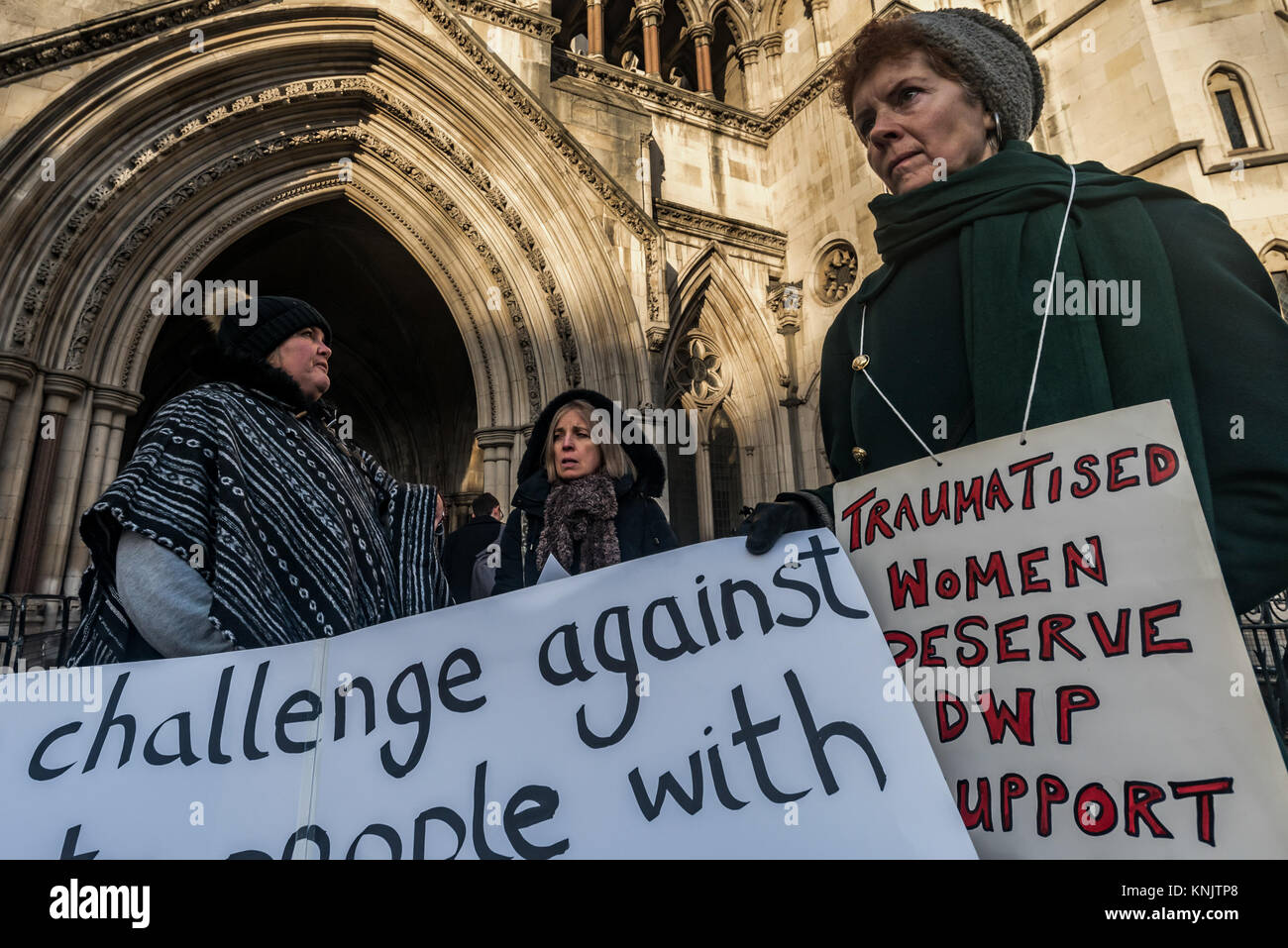 December 12, 2017 - London, UK. 12th December 2017. A lunchtime vigil by Mental Health Resistance Network, Winvisible (women with visible & invisible disabilities) and DPAC (Disabled People Against Cuts) supported the case of RF, who contends that the way people experiencing psychological distress are treated by new Personal Independence Payment (PIP) rules is unfair and discriminatory, being held at the High Court. Changes to the rules made in March 2017 by the Dept of Work & Pensions mean that those with serious mental health conditions who are unable to plan or undertake a journey because o Stock Photo