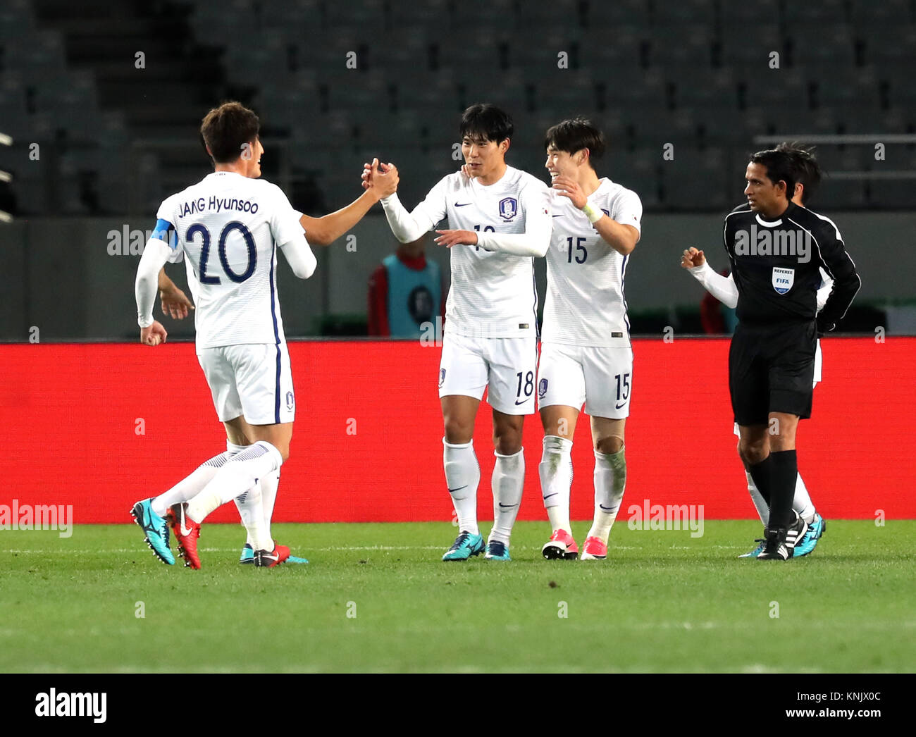 Tokyo, Japan. 12th Dec, 2017. South Korean players celebrate each opther for North Korea's own goal during the EAFF E-1 championship final at the Ajinomoto stadium in Tokyo on Tuesday, December 12, 2017. South Korea defeated North Korea 1-0. Credit: Yoshio Tsunoda/AFLO/Alamy Live News Stock Photo