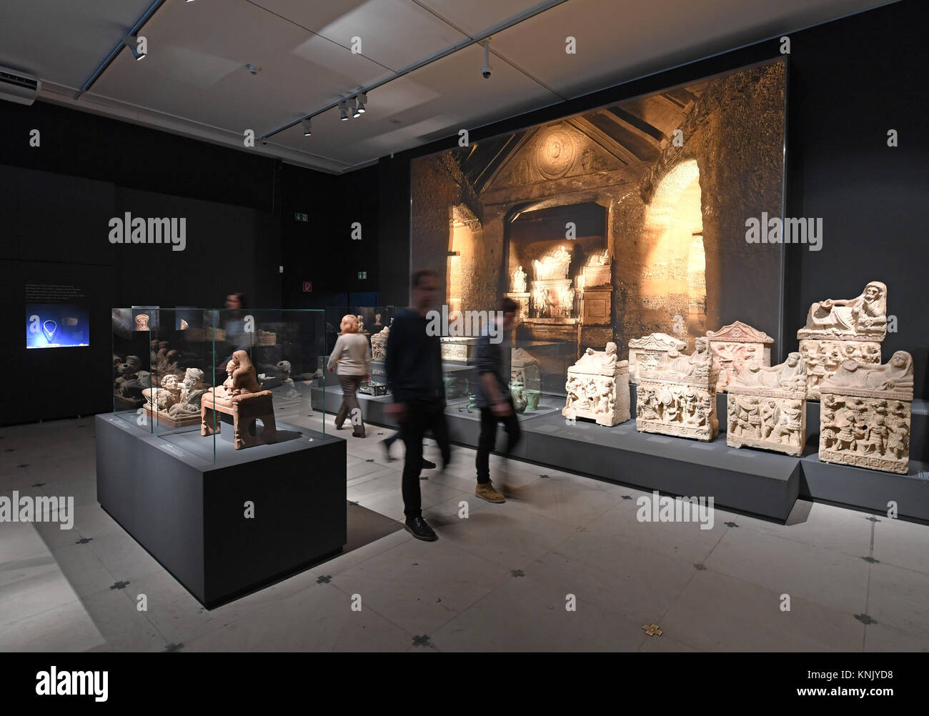 Etruscan funeral urns are shown at the Badisches Landesmuseum Karlsruhe, Germany, 11 December 2017. It is part of the exhibition "The Etruscans · World Culture in Ancient Italy", which can be visited from the 16th December 2017 until the 17th of June 2018. Photo: Uli Deck/dpa Stock Photo