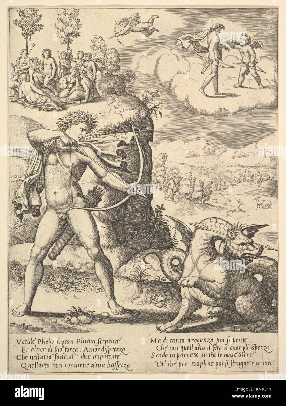 Illustration depicting Apollo shooting a python with an arrow, muses ...