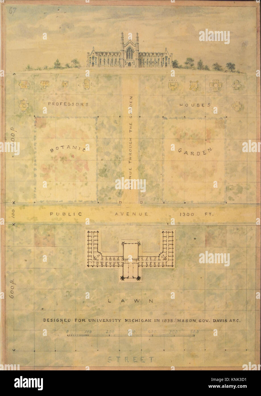 Design for University of Michigan (elevation and plan of building and grounds) Stock Photo