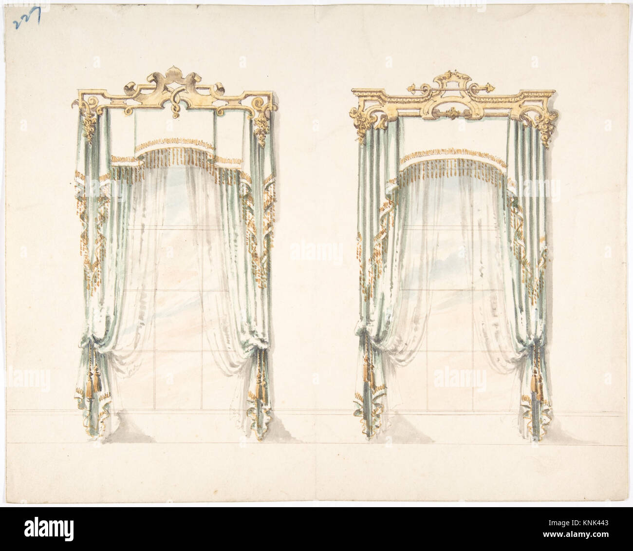 Design for Two White Curtains with Gold Fringes and a White and Gold Pelmets Stock Photo