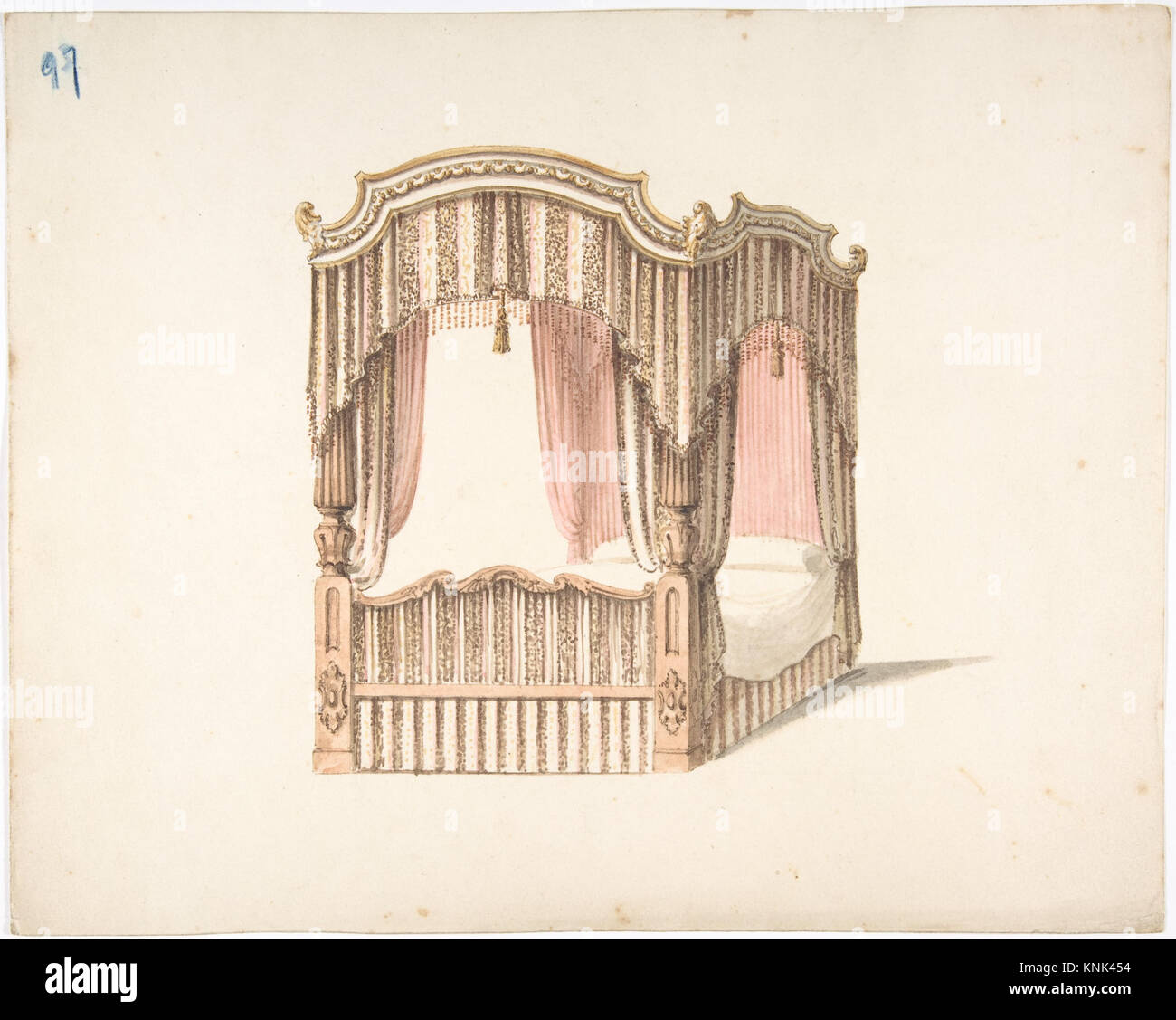 Design for a Curtained Four Poster Bed with Brown, Pink and White Striped Curtains Stock Photo
