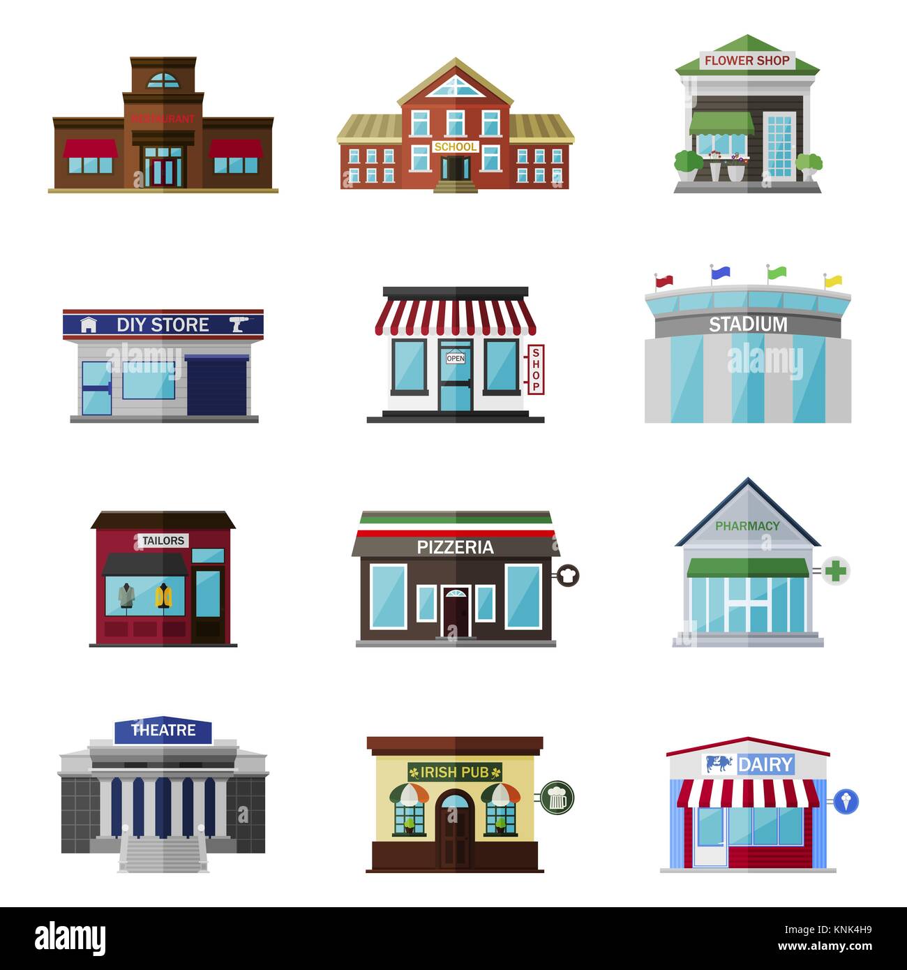 Different shops, buildings and stores flat icon set isolated on white. Includes restaurant, school, flower shop, shop, diy store, stadium, tailors, pizzeria, pharmacy, theatre, irish pub, dairy Stock Vector