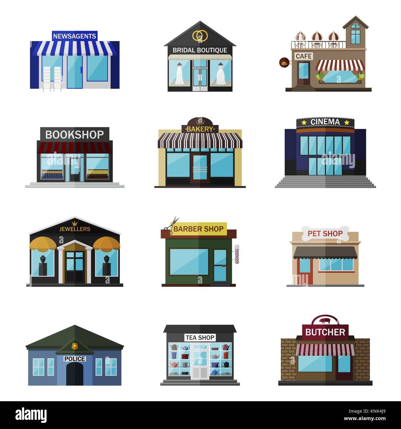 Different shops, buildings and stores flat icon set isolated on white. Includes newsagents, bridal boutique, cafe, bookshop, bakery, cinema, jewellers, barber shop, pet shop, police, tea shop, butcher Stock Vector
