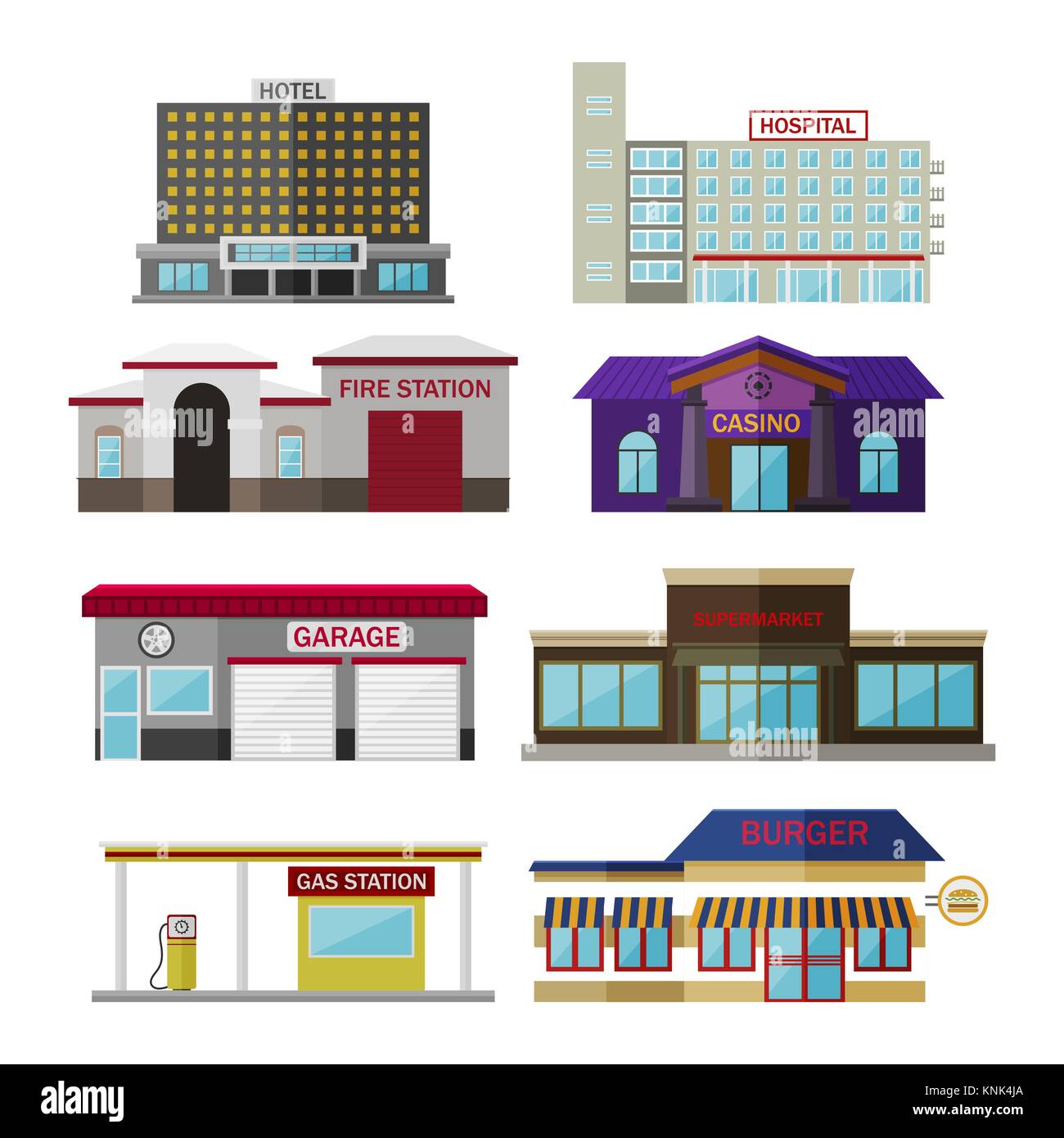 Different shops, buildings and stores flat icon set isolated on white. Includes hotel, hospital, fire station, casino, garage, supermarket, gas station, burger Stock Vector
