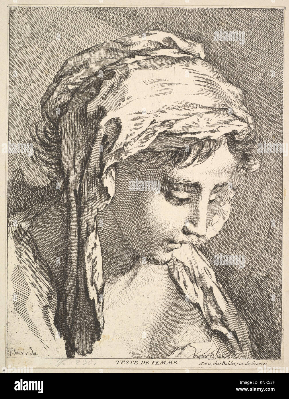 Head of a Woman by  Jacques Gabriel Huquier (French, Paris 1730–1805 Shrewsbury),  After François Boucher (French, Paris 1703–1770 Paris), mid to late 18th century Stock Photo