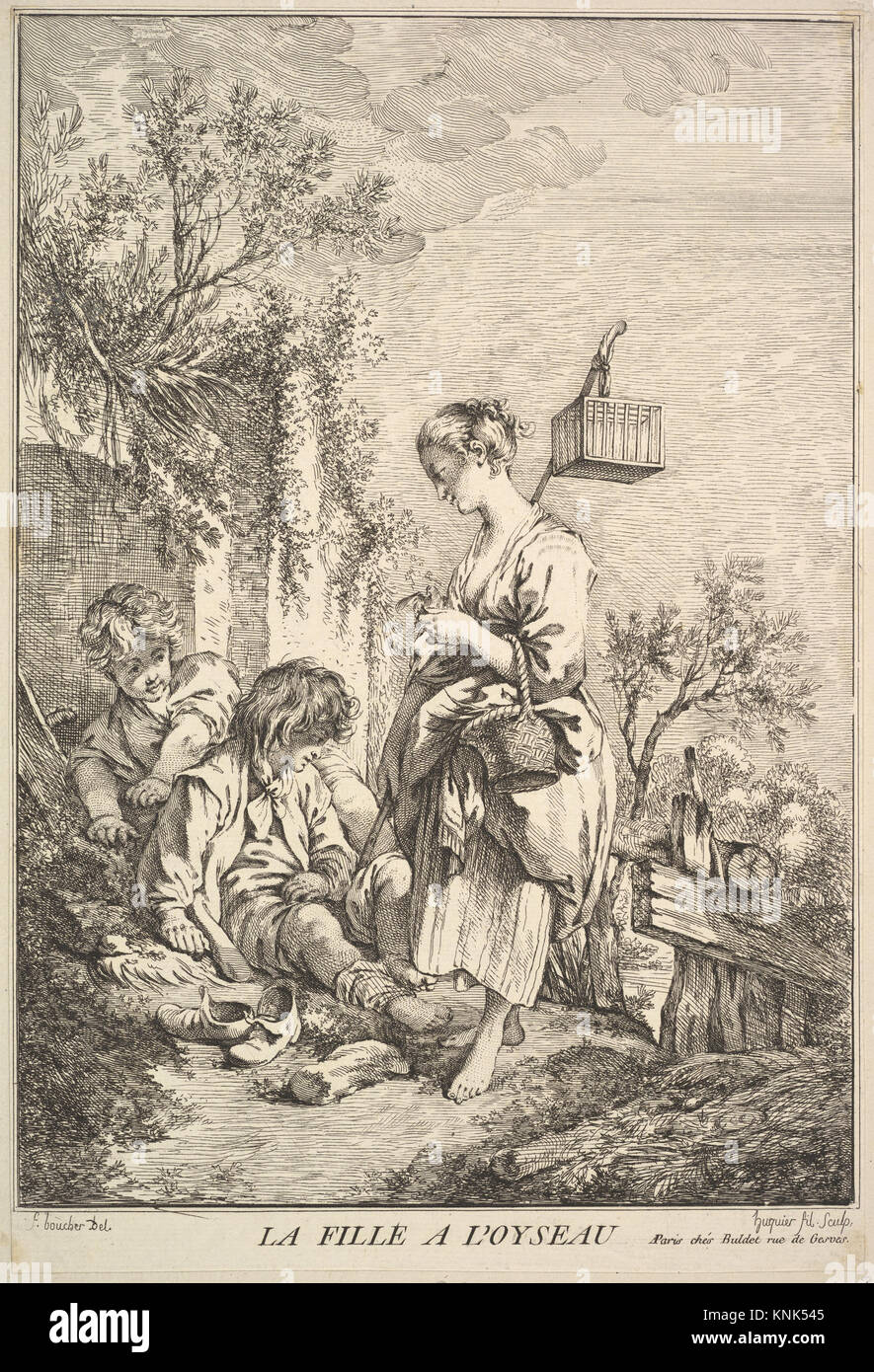 Girl with a Bird by Jacques Gabriel Huquier (French, Paris 1730–1805 Shrewsbury), after François Boucher (French, Paris 1703–1770 Paris), mid to late 18th century Stock Photo