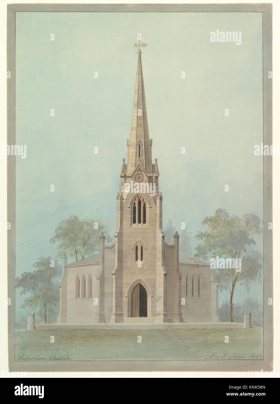 Church of the Holy Apostles, New York City, drawing by American architect Alexander Jackson Davis (1803-1892), 1845 Stock Photo
