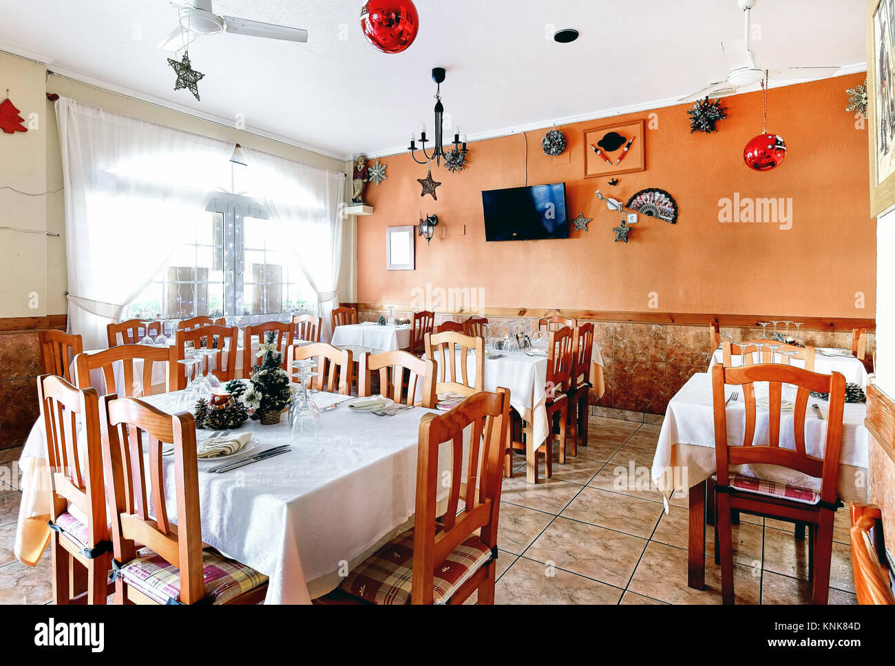 Restaurant interior with Christmas decorations Stock Photo