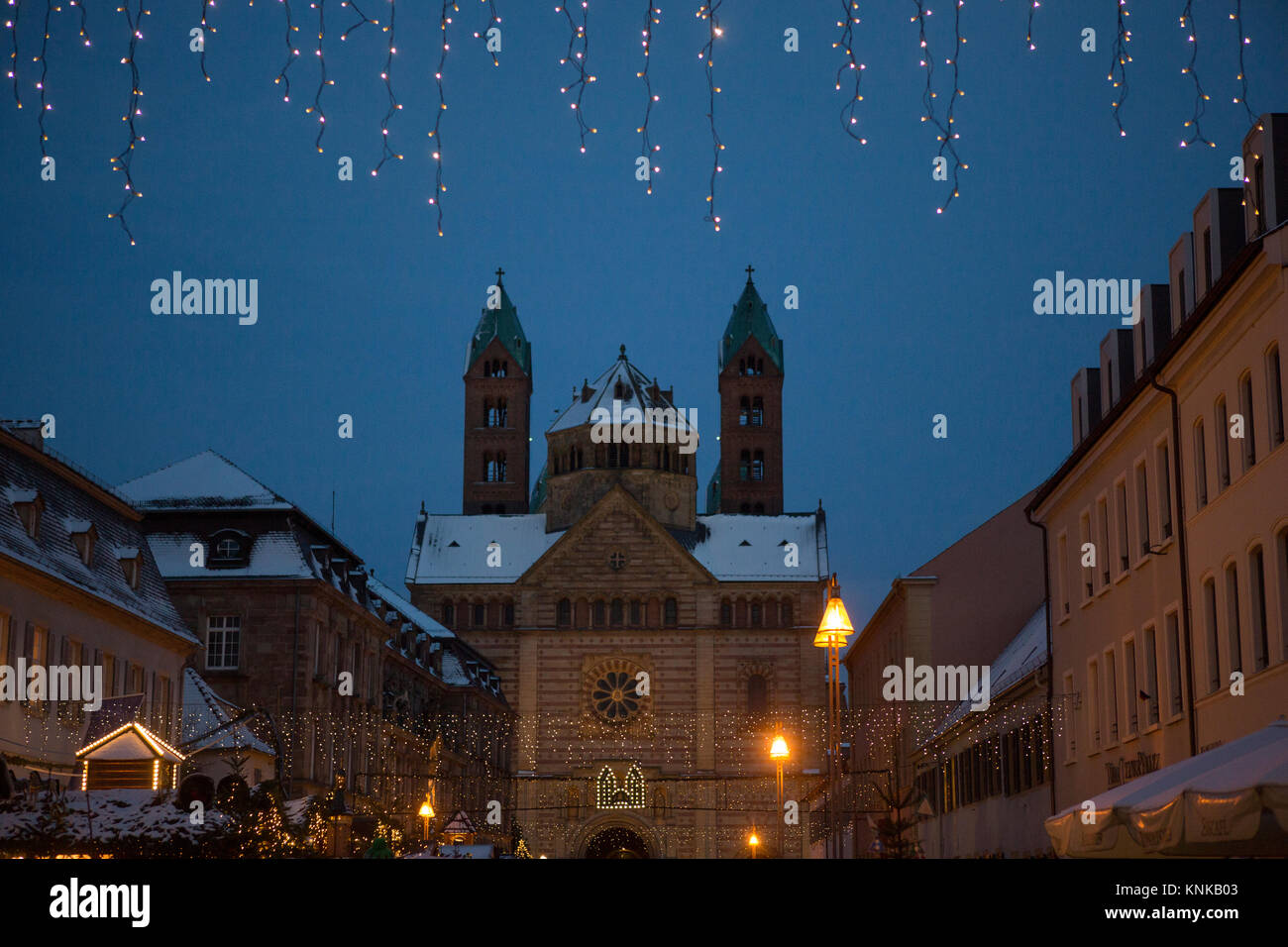 Christmas lights in Speyer.The Speyer Cathedral can be seen in the