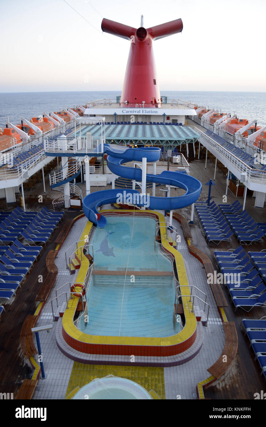 The swimming are of Carnival Elation from the top level of ...