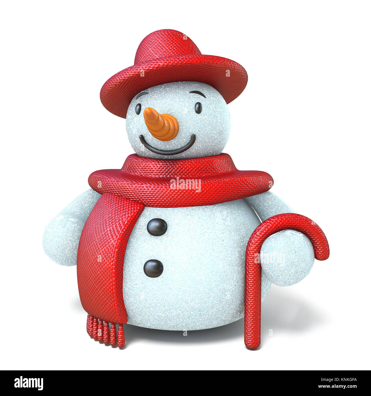 Snowman with red hat, scarf and stick 3D render illustration isolated ...