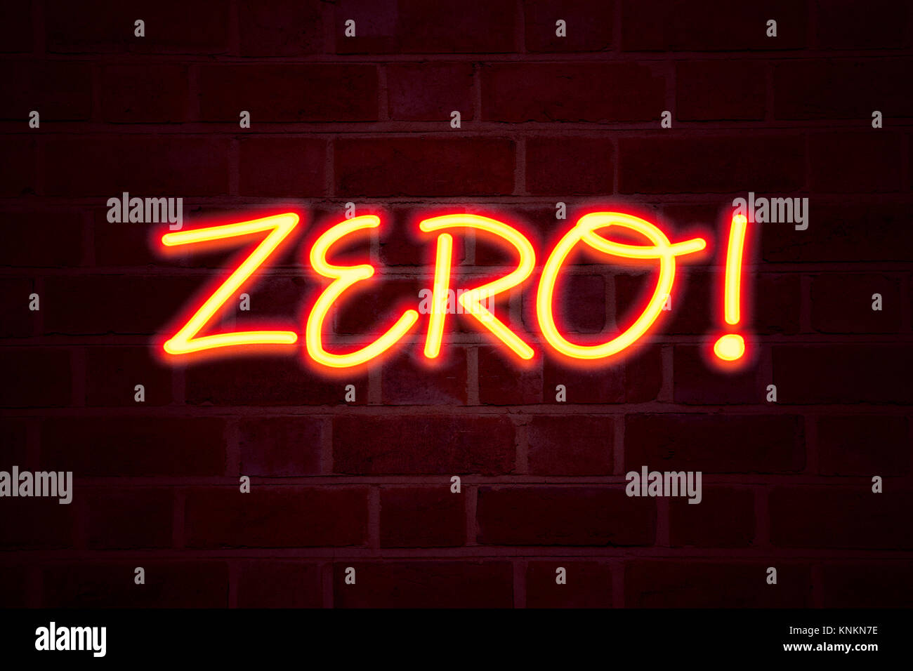 Zero neon sign on brick wall background. Fluorescent Neon tube Sign on