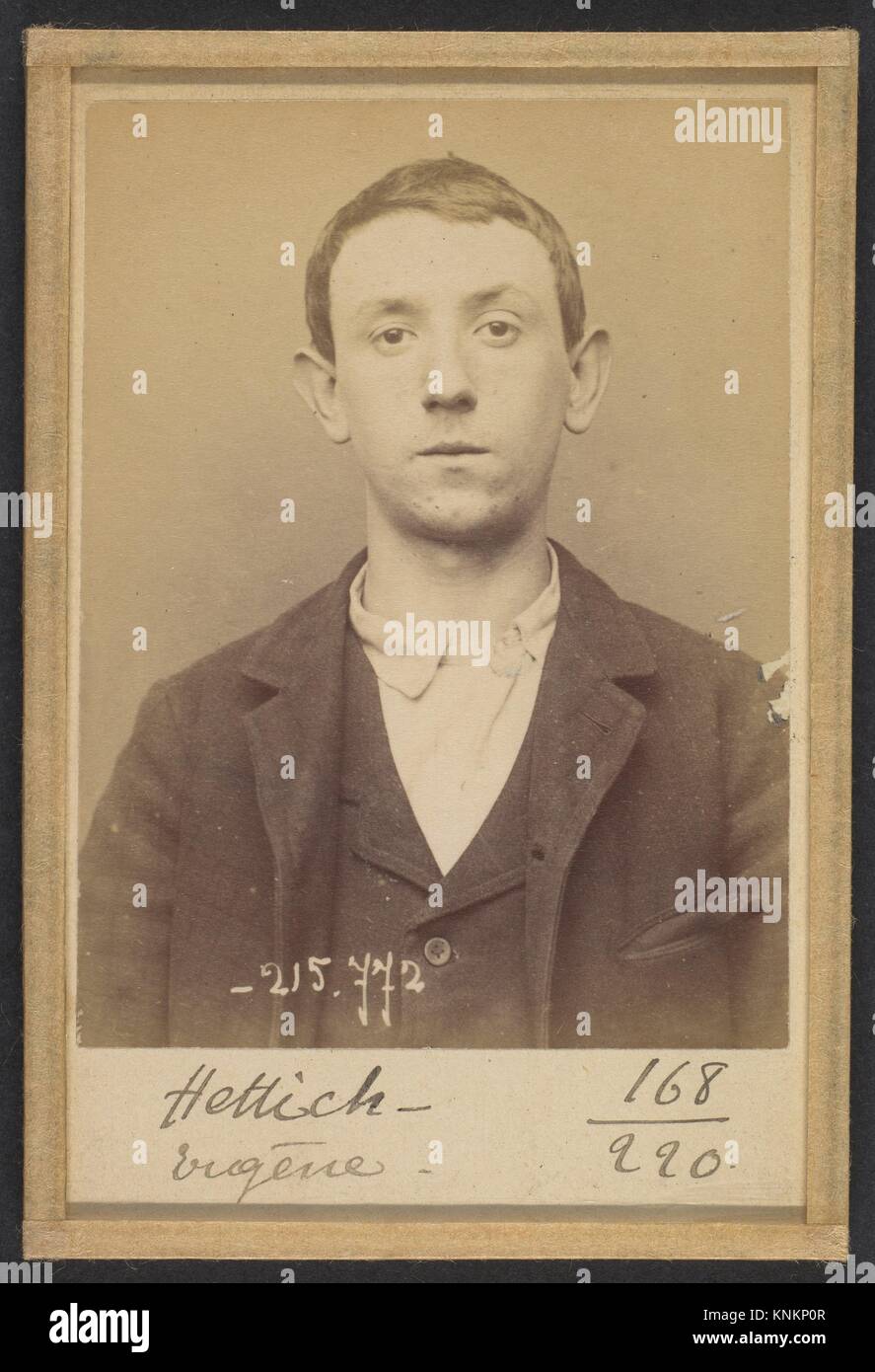 Hettich (ou Hettig). Eugène. 17 ans, né le 6/1/77 à Paris XXe. Cocher. Anarchiste. 16/3/94. Artist: Alphonse Bertillon (French, 1853-1914); Date: Stock Photo