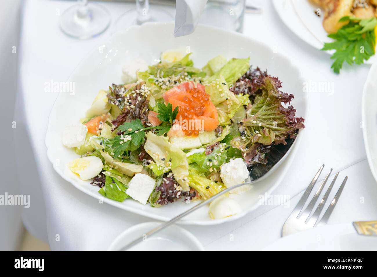 Fish and meat meals variety flat lay. Top view on buffet with ...