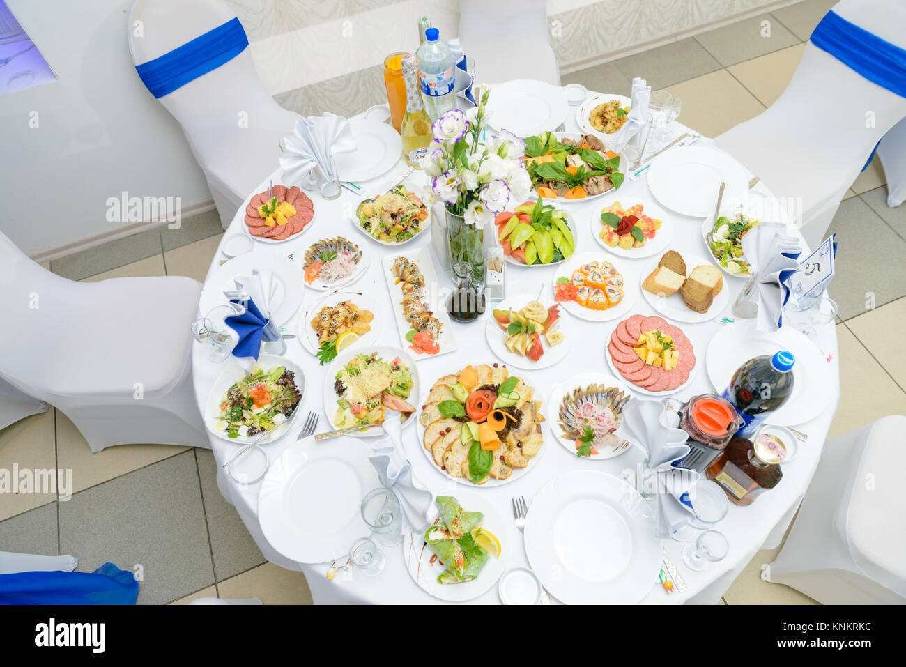 Fish and meat meals variety flat lay. Top view on buffet with ...