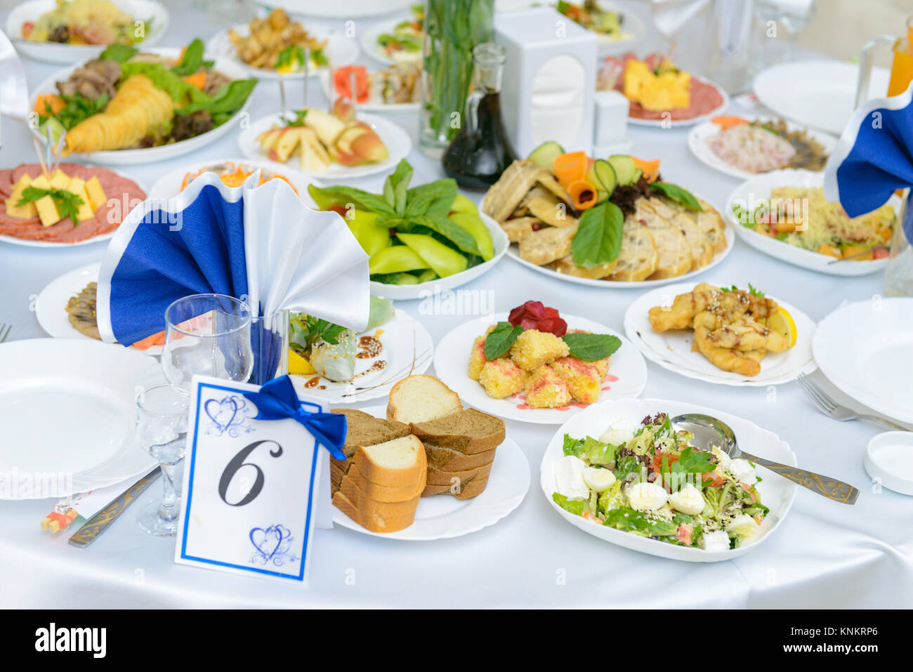 Fish and meat meals variety flat lay. Top view on buffet with ...