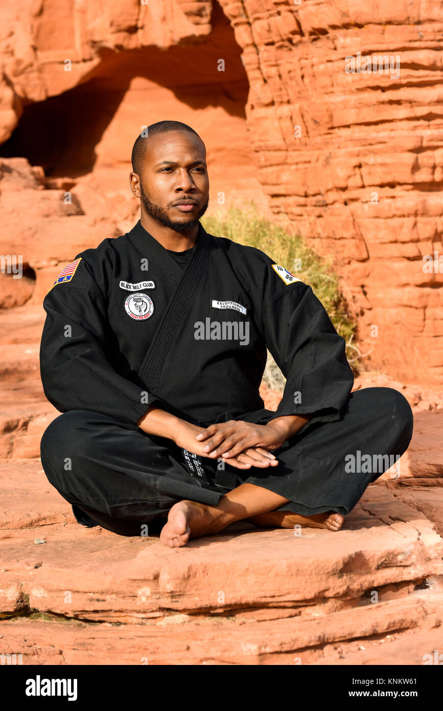 African American man practicing martial arts in the Nevada desert Stock