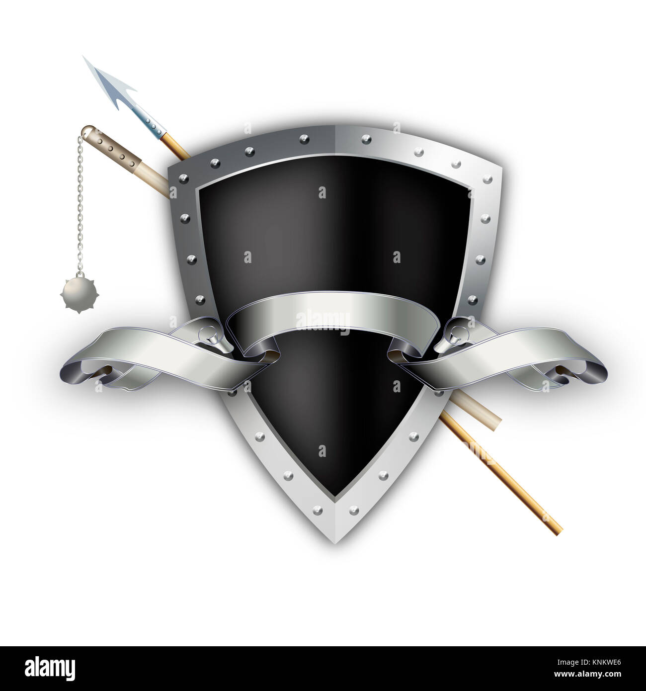 Black shield with silver riveted border and spear with mace on white background. Stock Photo
