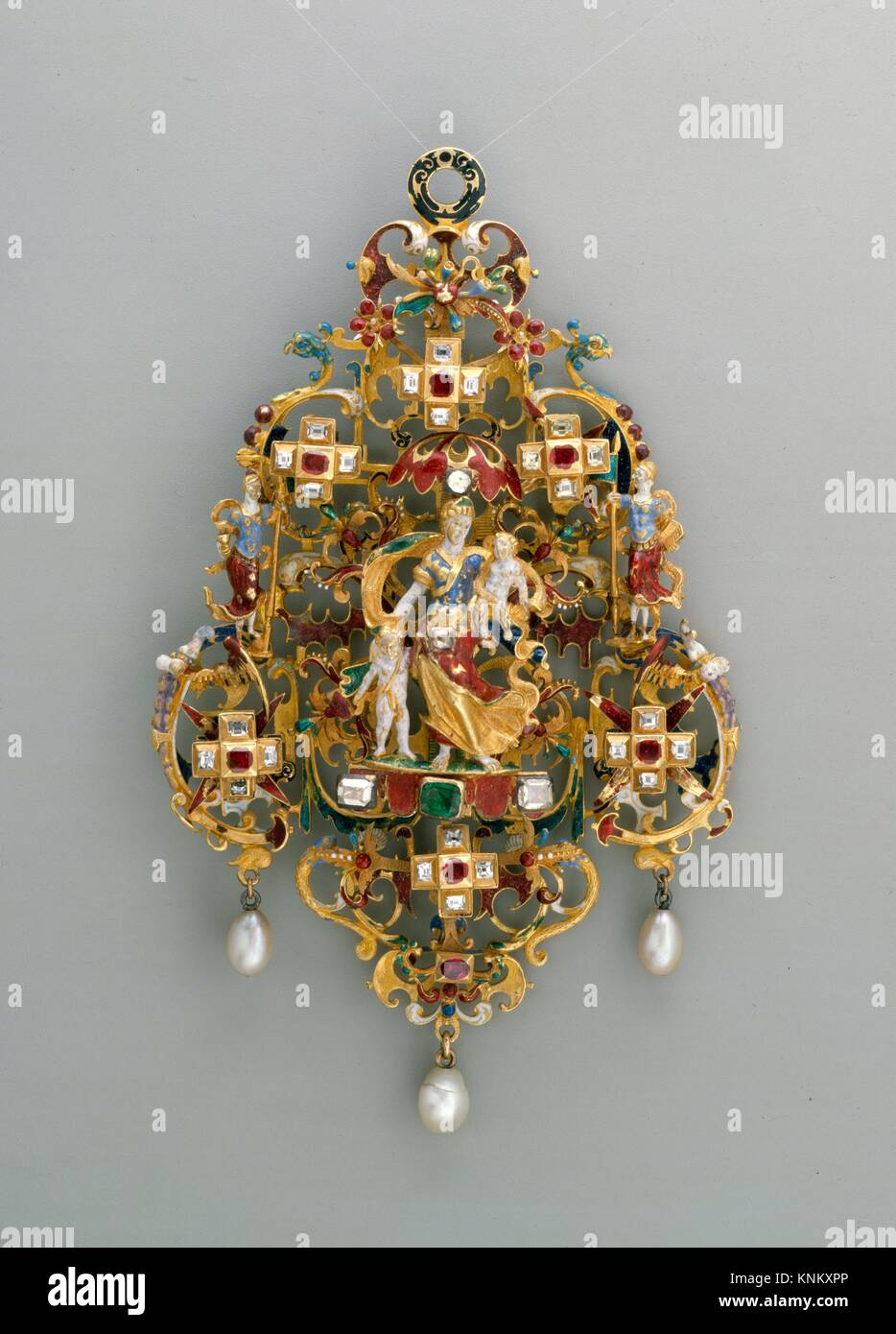 Pendant with Charity and Her Children. Date: late 16th-early 17th century; Culture: probably German, Augsburg; Medium: Gold, partly enameled and set Stock Photo