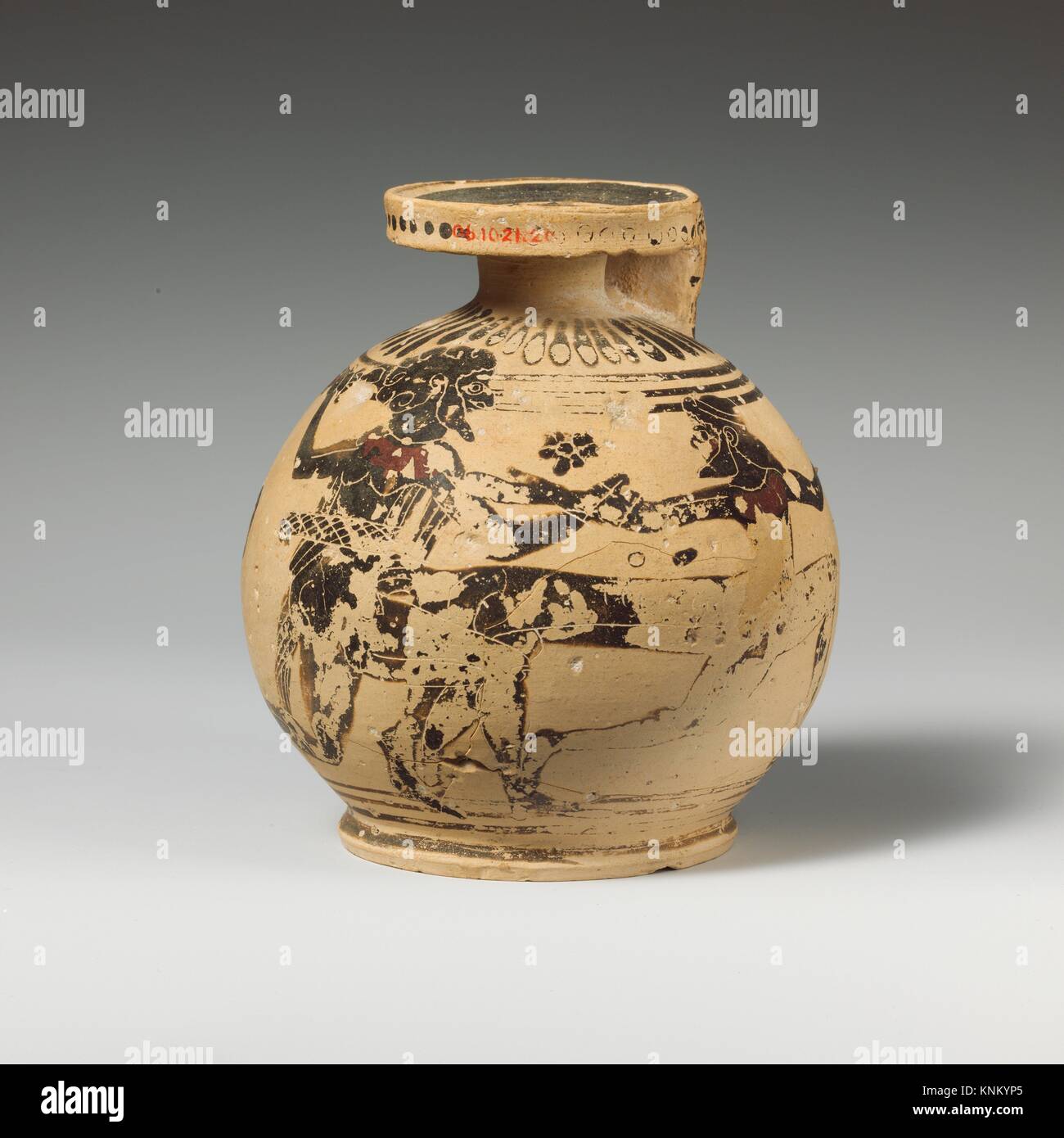 Terracotta aryballos (oil flask). Attributed to the Otterlo Painter; Period: Middle Corinthian; Date: ca. 595-570 B.C; Culture: Greek, Corinthian; Stock Photo