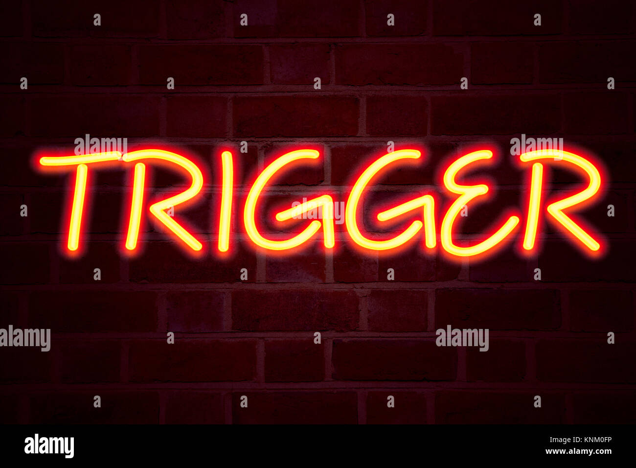 Trigger Neon Sign On Brick Wall Background Fluorescent Neon Tube Sign On Brickwork Business 