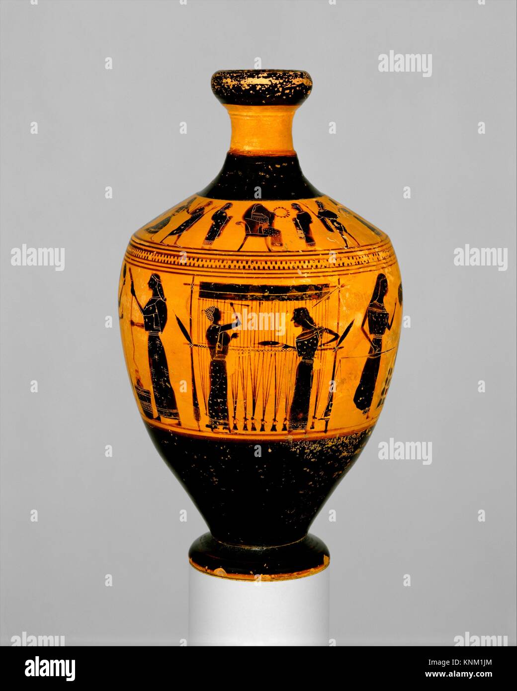 Terracotta lekythos (oil flask). Attributed to the Amasis Painter; Period: Archaic; Date: ca. 550-530 B.C; Culture: Greek, Attic; Medium: Terracotta; Stock Photo