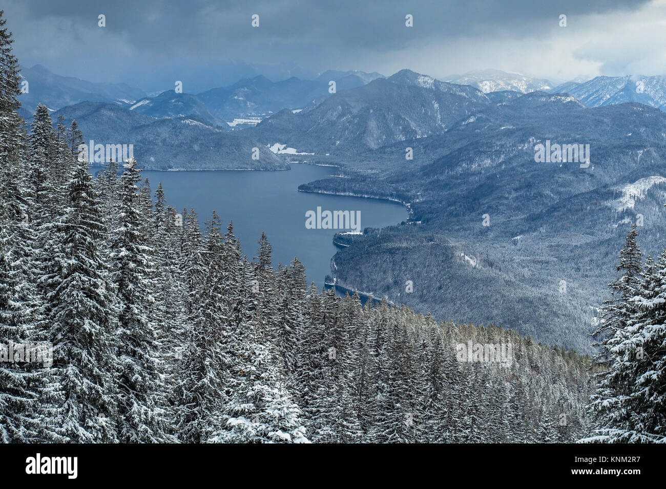 View of mountain lake Walchensee in the Bavarian Pre-Alp on an early winter day Stock Photo