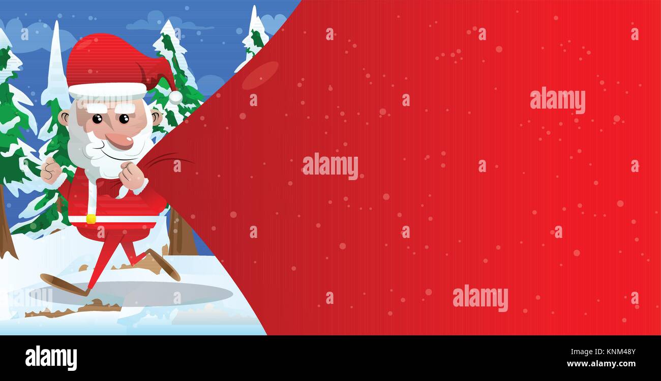Santa Claus running and pulling huge bag of gifts with red copy space ...