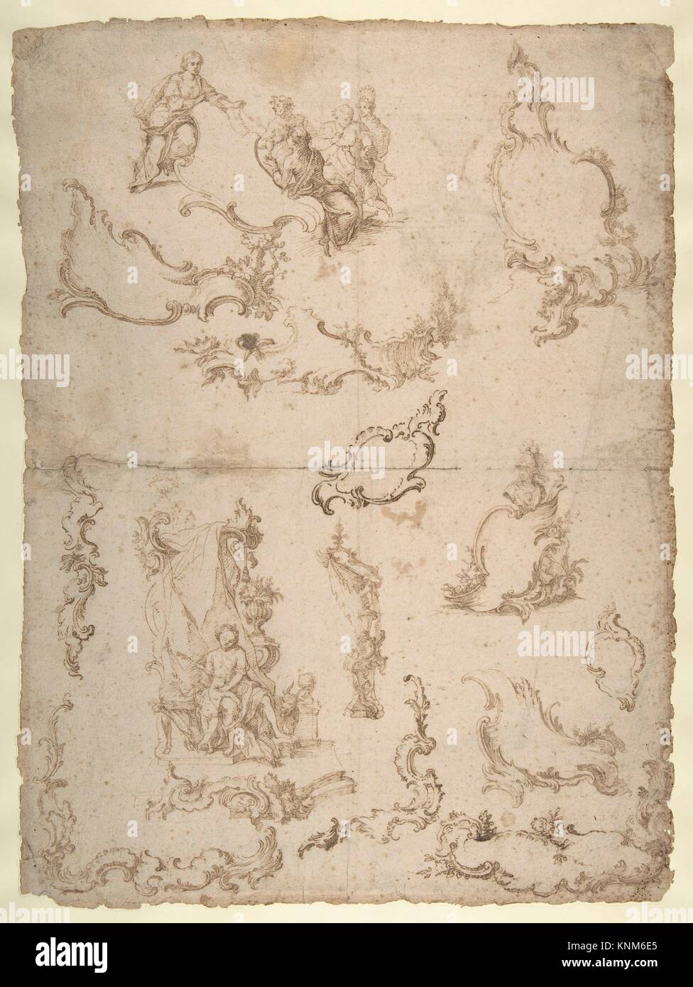 Studies for Figural Groups and Ornament (recto); Design for a Baptismal Font (verso). Artist: Anonymous, Italian, North Italy, 18th century; Date: Stock Photo