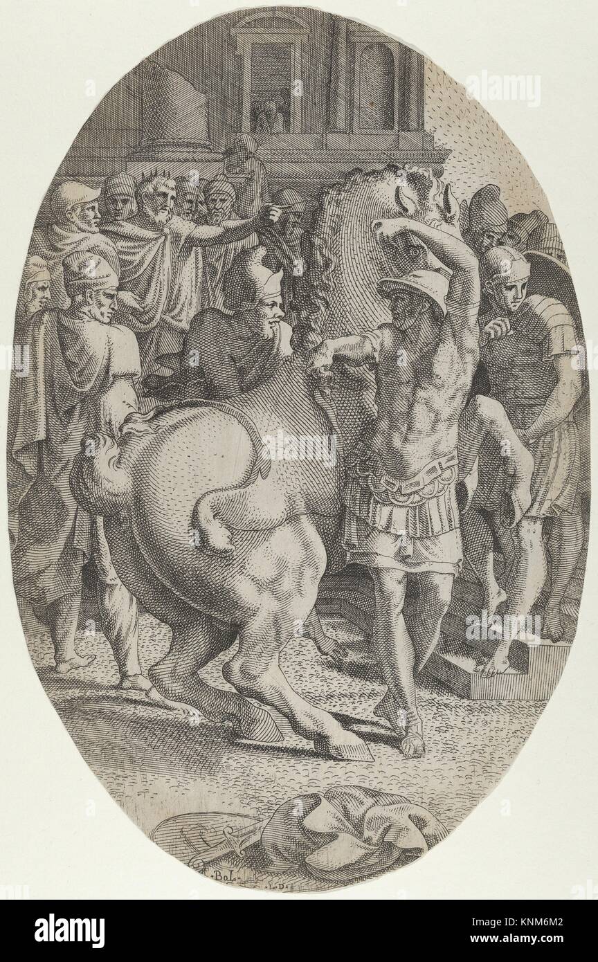 Alexander Mastering Bucephalus. Artist: Léon Davent (French, active 1540-56); Artist: After Francesco Primaticcio (Italian, Bologna 1504/5-1570 Stock Photo