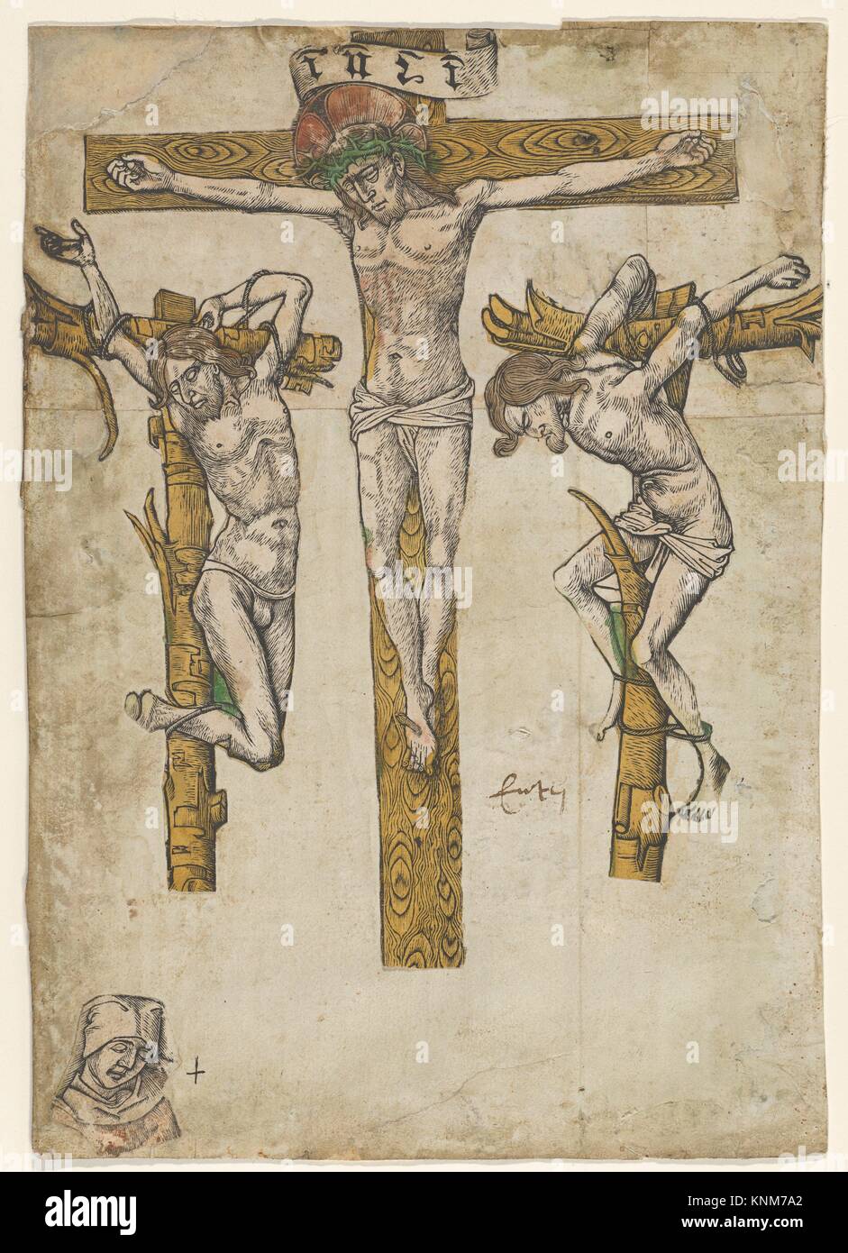 Fragments of a Crucifixion, with the Virgin Mary. Date: ca. 1460-80; Medium: Woodcuts, hand-colored; Dimensions: sheet: 10 7/16 x 7 5/16 in. (26.5 x Stock Photo