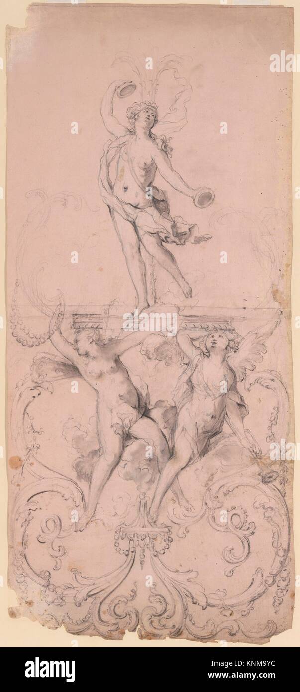 Ornament Design with Three Nymphs. Artist: Anonymous, French, 19th century; Date: 19th century; Medium: Black chalk, graphite, stumping, heightened Stock Photo