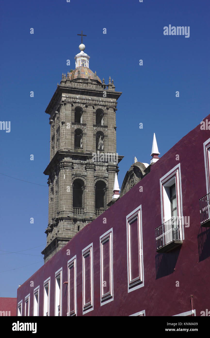 Tower of Cathedral, Puebla, Mexico Stock Photo