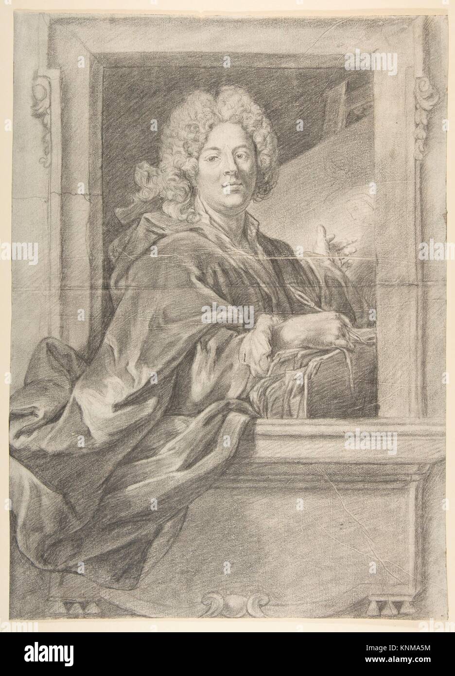 Preparation for Portrait Engraving of Artist in Frame. Artist: Anonymous, French, 18th century; Date: 18th century; Medium: Black chalk; Dimensions: Stock Photo