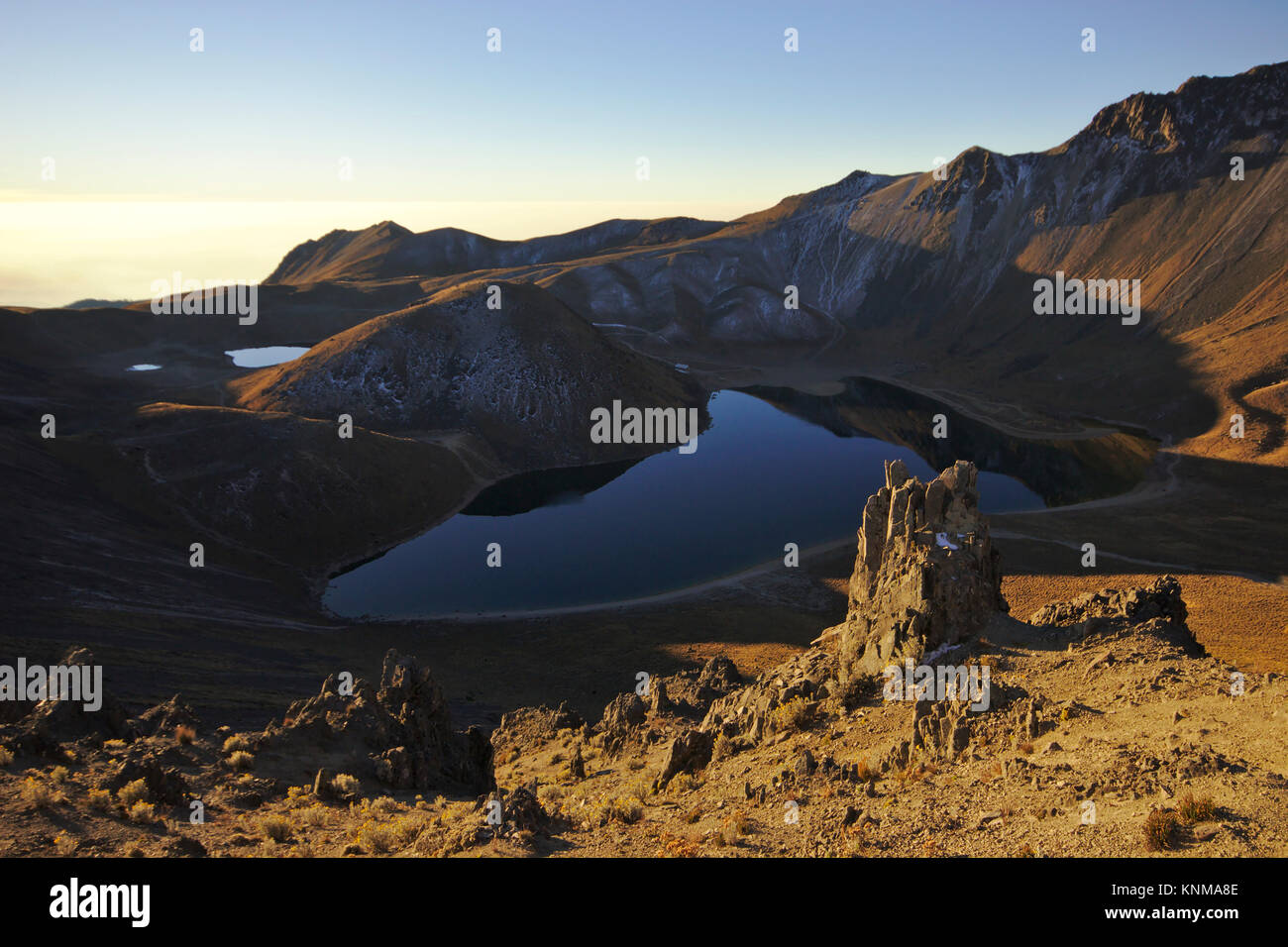 Nevado de Toluca, view of the crater lakes Laguna del Sol and Laguna de la Luna and a lava dome, morning light, Mexico Stock Photo