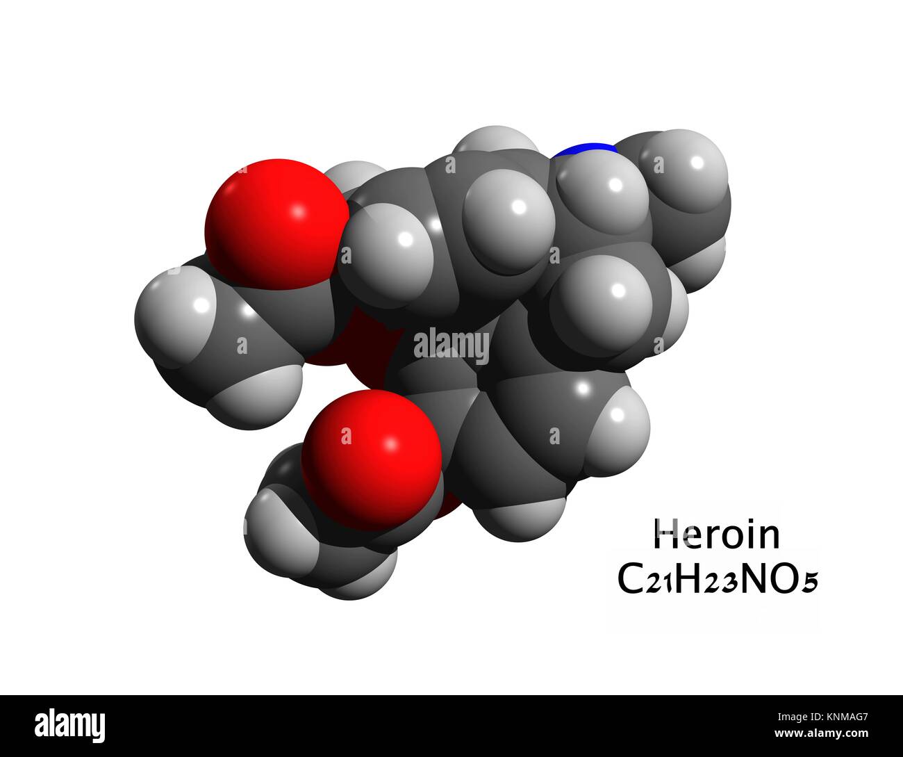 Molecular structure of heroin (diamorphine), an opioid mostly used as a recreational drug, 3D rendering Stock Photo