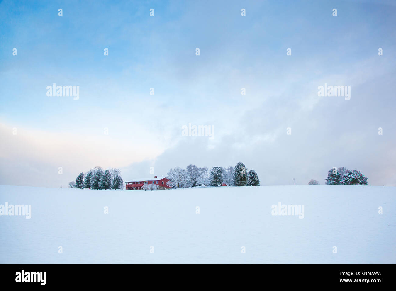beautiful winter landscape snow farm house Stock Photo - Alamy