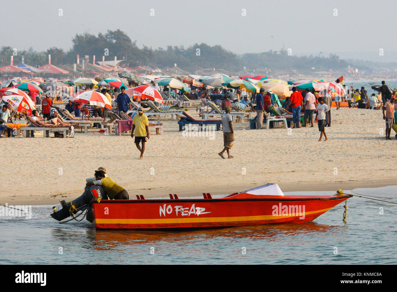 Speedboat 'no fear' off tourist beach at Goa, India Stock Photo