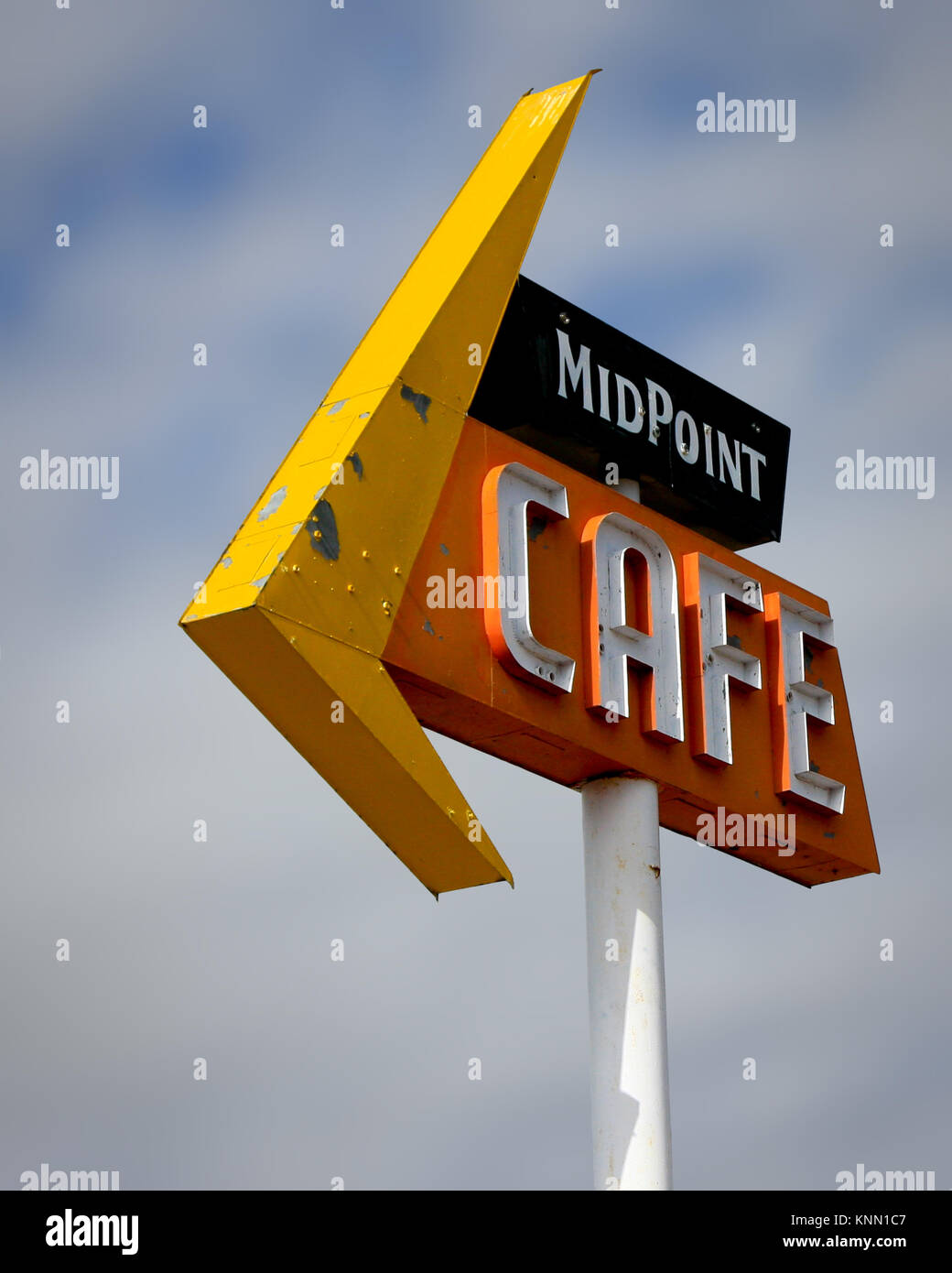 The Mid Point Cafe Sign on Historic Route 66 in the United States Stock Photo