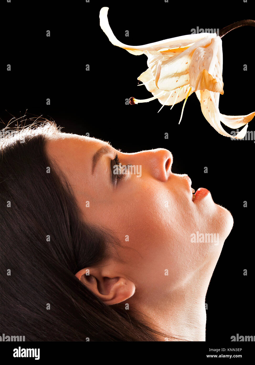 A close-up of a girl side view looking at a flower from down on a black background. Woman face side view closeup portrait. Girl and flower. Stock Photo