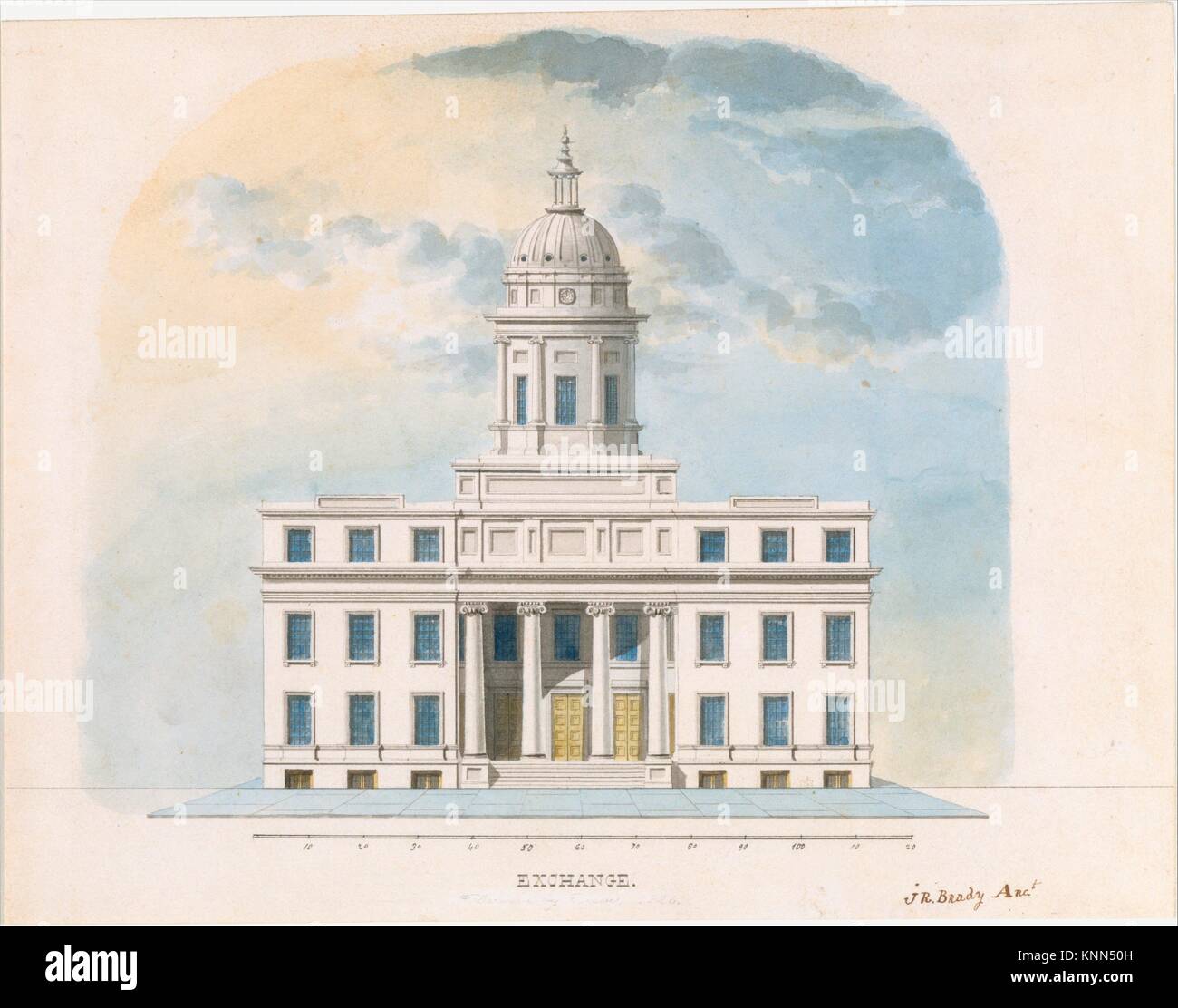 First Merchants´ Exchange, New York (elevation of main façade). Artist: Alexander Jackson Davis (American, New York 1803-1892 West Orange, New Stock Photo