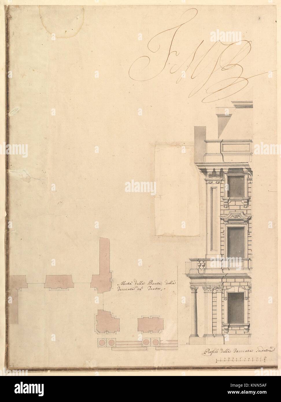 Views of a Theater (Bayreuth): Profile View of Facade and Half of the Plan. Artist: Workshop of Giuseppe Galli Bibiena (Italian, Parma 1696-1756 Stock Photo