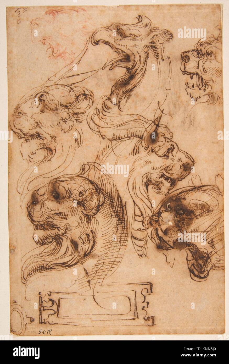 Six Studies of Animal Heads and of a Cartouche. Artist: Pellegrino Tibaldi (Italian, Puria di Valsolda 1527-1596 Milan); Artist: Previously Stock Photo